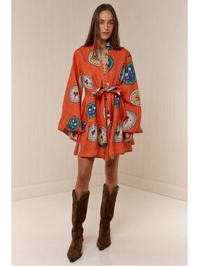 Sunday Up Boho Orange Tie Waist Button Up Front Orange Printed Mini Dress NWOT M